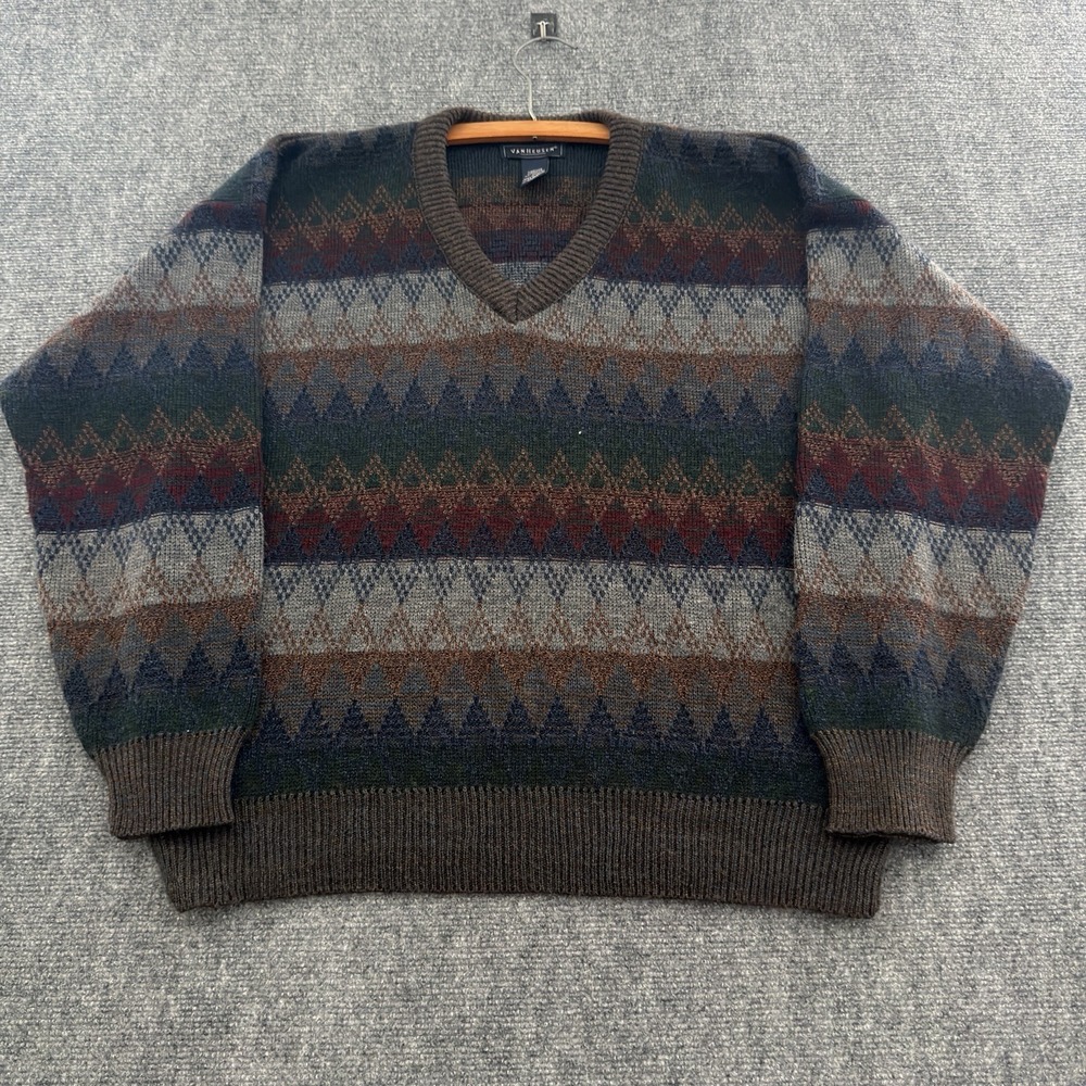 Vintage Van Heusen Geometric Pattern Knit V-Neck Sweater Mens Medium Earth Tones